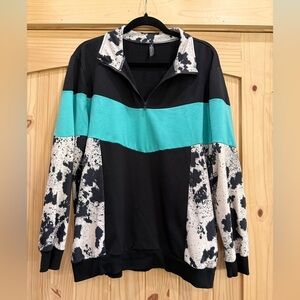 Women’s Half-Zip Pullover with Aqua Stripe & Cow Print Detail, Size Large
